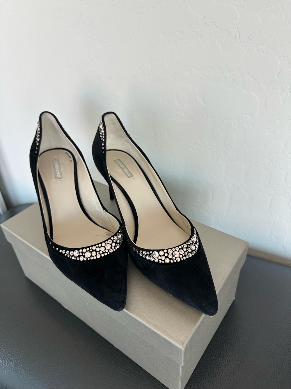 Georgio Armani Black Crystal-Embellished Pointed Toe Pumps